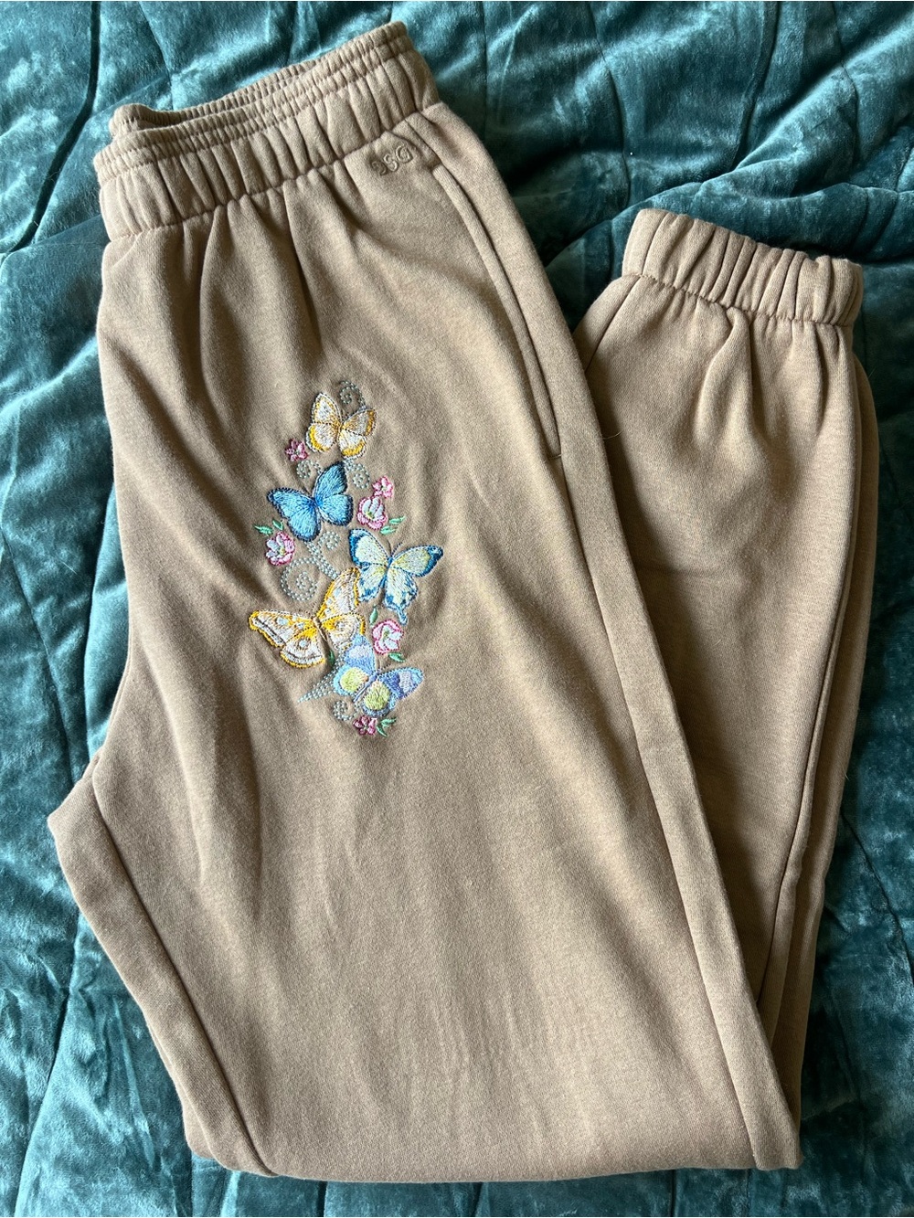 DSG Beige Joggers with Embroidered Multicolor Butterflies